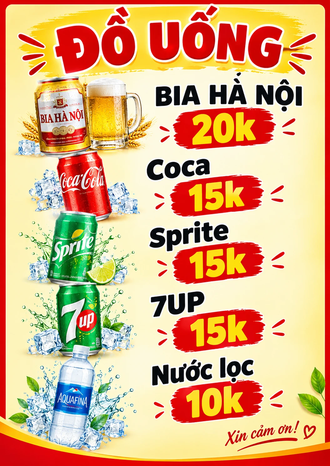 Bảng giá đồ uống